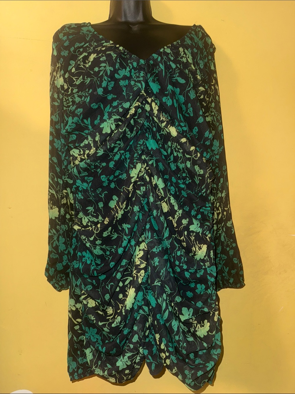 A New Day Dark Floral Ruched Long-Sleeve Dress in Teal and Black